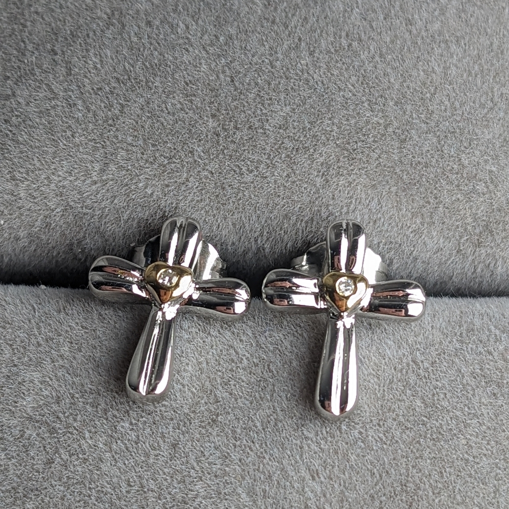 🆕 925 Sterling Silver Cross Earrings Natural Diamond Accent Rhodium Plated